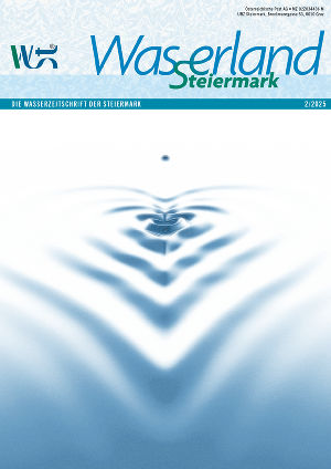 Das Bild zeigt das Cover der Wasserland Steiermark Zeitschrift 2/2025: einen Wassertropfen, der herzförmige Wellen ausgelöst hat.