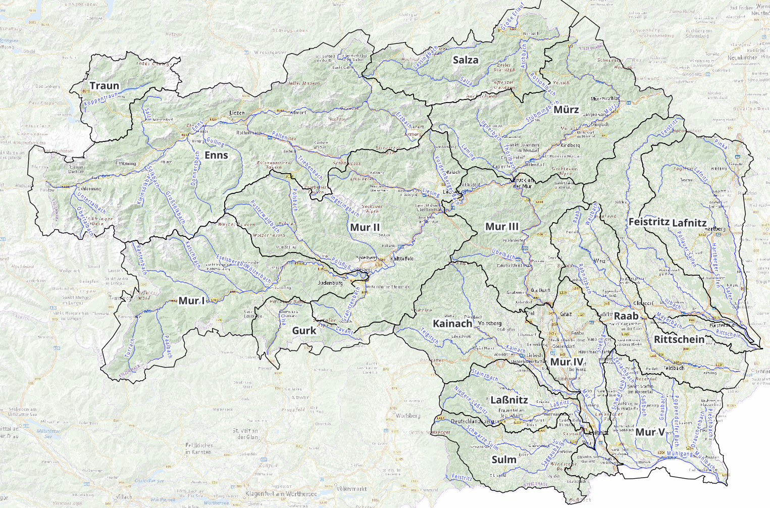 Karte der Steiermark mit hervorgehobenen Wassereinzugsgebieten in unterschiedlichen Blautönen, welche die GE-RM Kulisse darstellen.